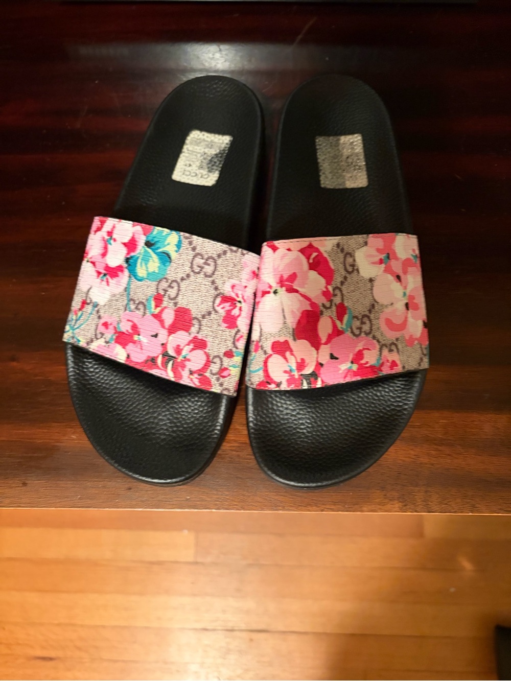 Gucci Black Slides with Pink Floral Strap